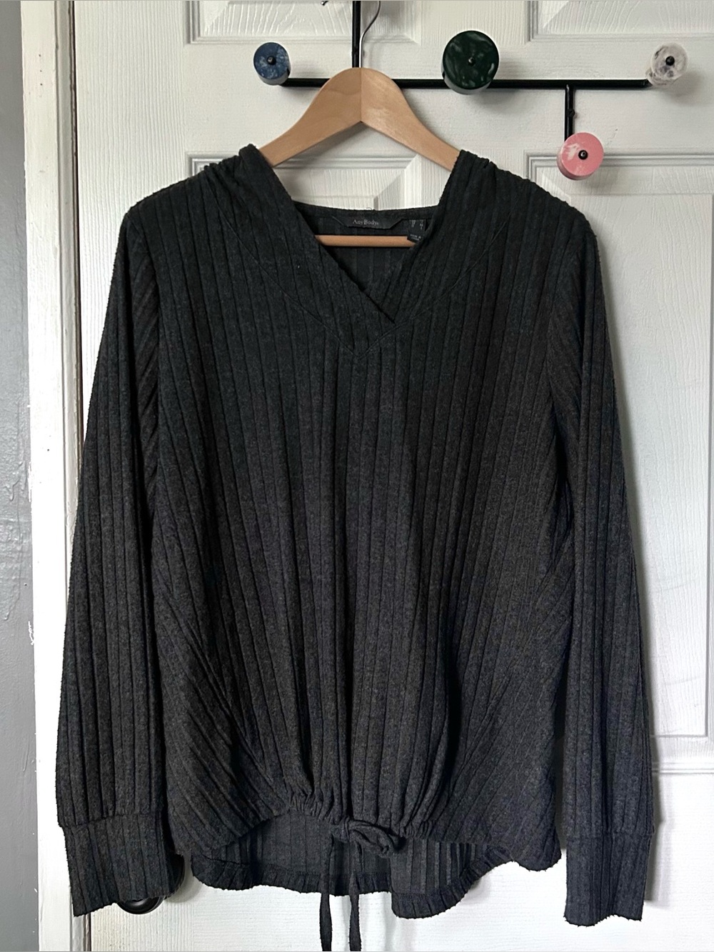 AnyBody Charcoal Ribbed V-Neck Sweater Hoodie